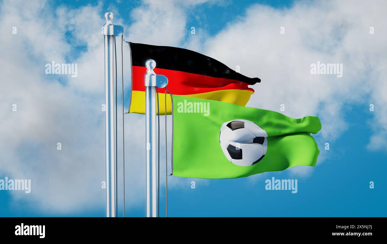 Football de règle en Allemagne concept. Deux drapeaux sur des mâts de drapeau devant un ciel bleu avec des nuages : le drapeau allemand et un drapeau avec un ballon de football classique Banque D'Images