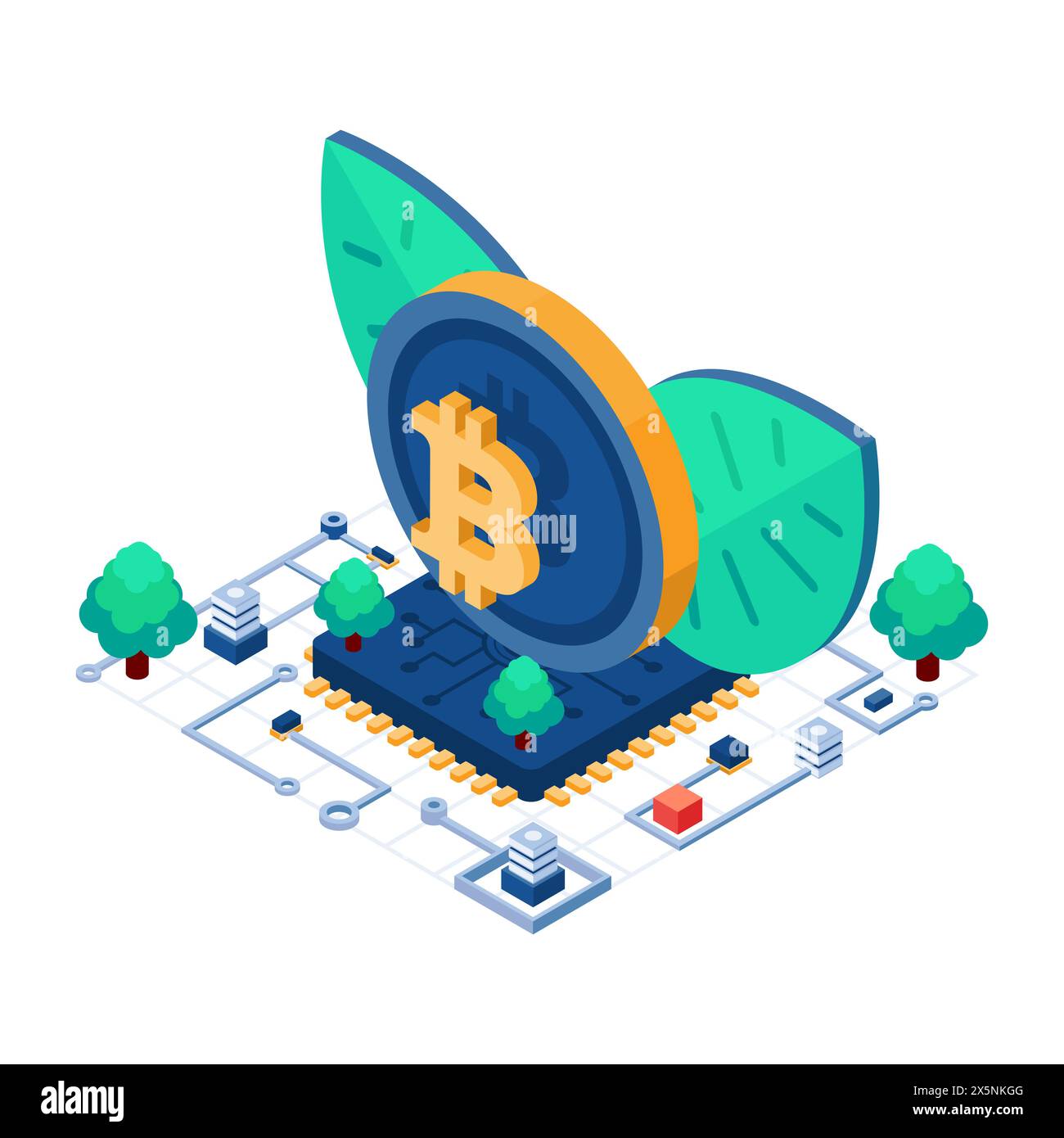 Flat 3d Isométrique durable Cryptocurrency Bitcoin symbole et feuille avec conception écologique. Crypto-monnaie durable et concept Bitcoin Illustration de Vecteur