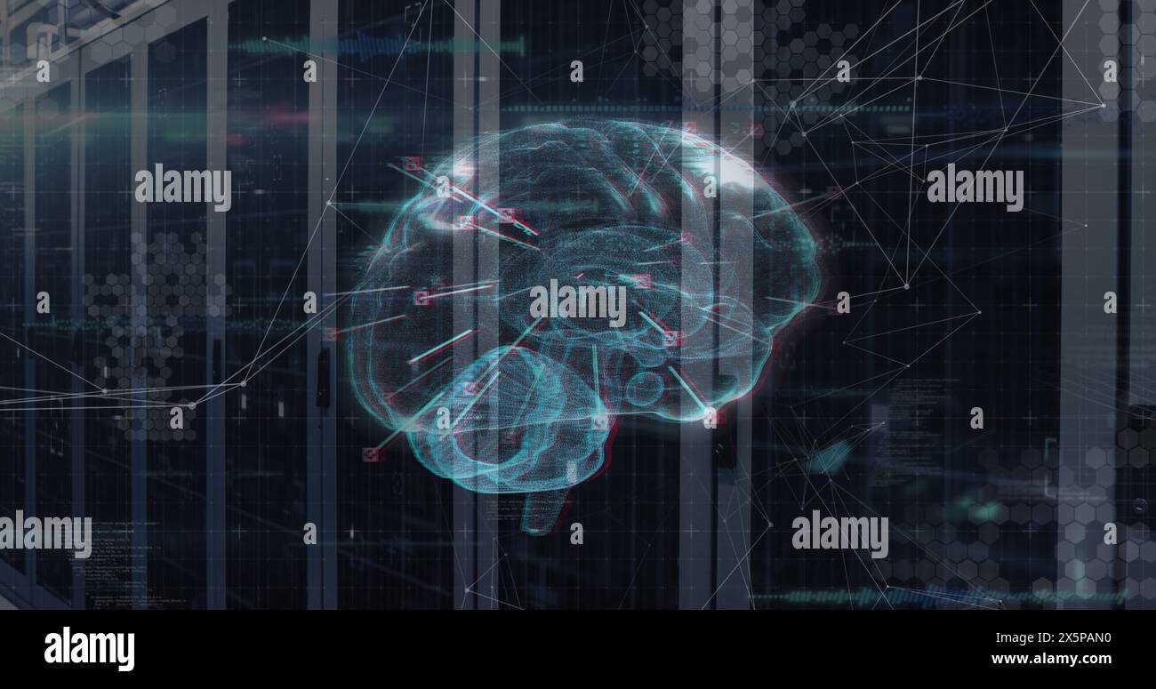 Image du cerveau et du réseau de connexions dans la salle des serveurs Banque D'Images