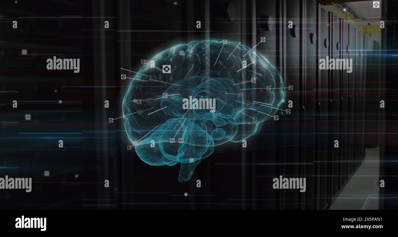 Image des viseurs autour du cerveau humain numérique éclairé au-dessus de la salle des serveurs Banque D'Images