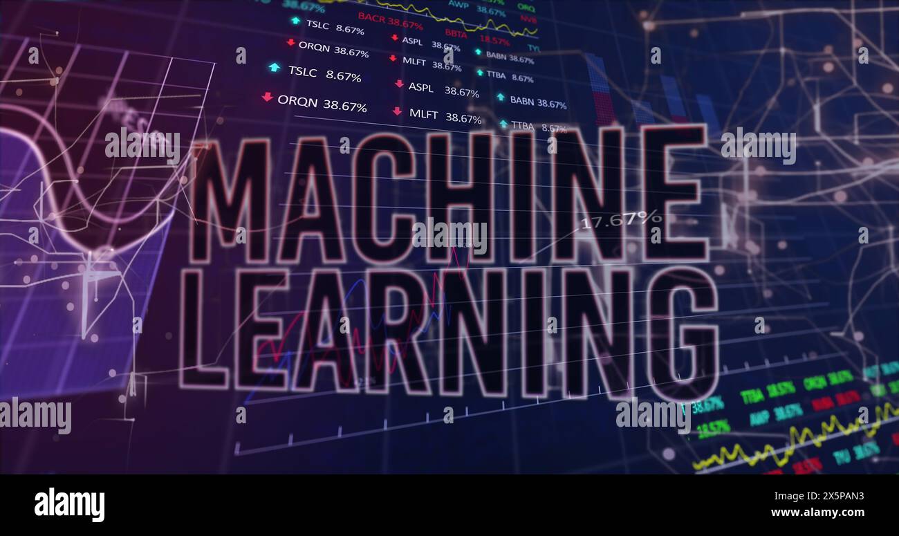 Image de texte d'apprentissage automatique sur plusieurs graphiques, tableaux de négociation et langage informatique Banque D'Images