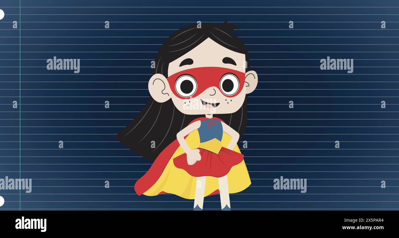 Image d'une fille portant un masque de super héros et des vêtements sur des lignes blanches sur fond bleu Banque D'Images