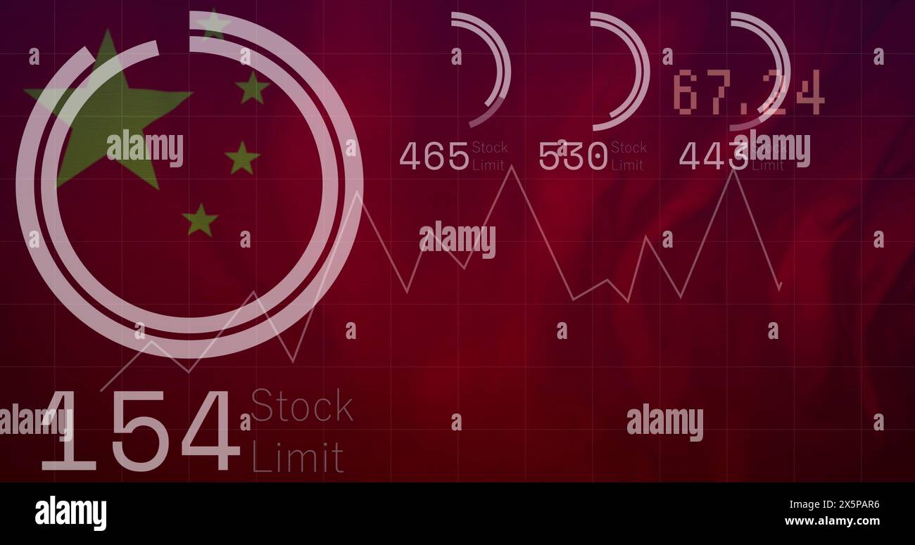 Image de cercles de chargement, de graphiques et de chiffres changeants sur le drapeau agitant de la chine Banque D'Images