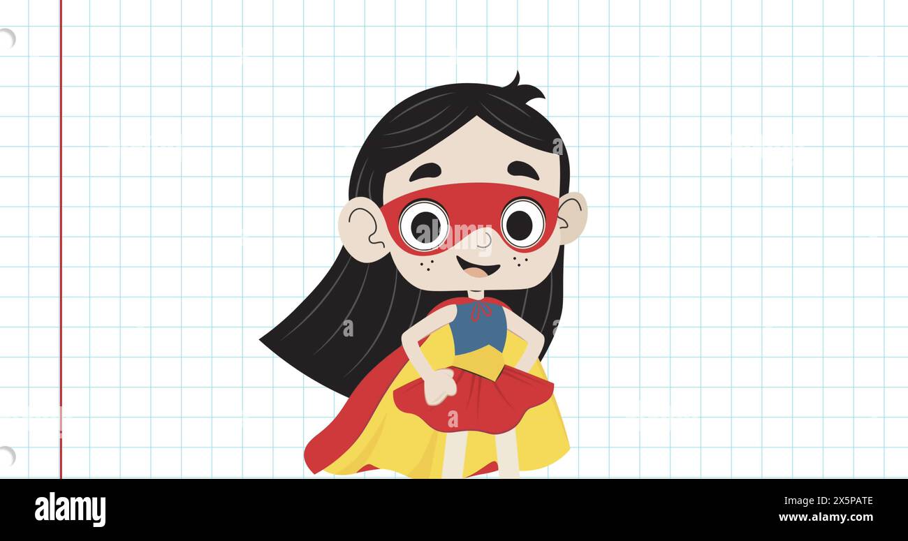 Image d'une fille portant un masque de super héros et des vêtements sur un motif de grille sur fond blanc Banque D'Images