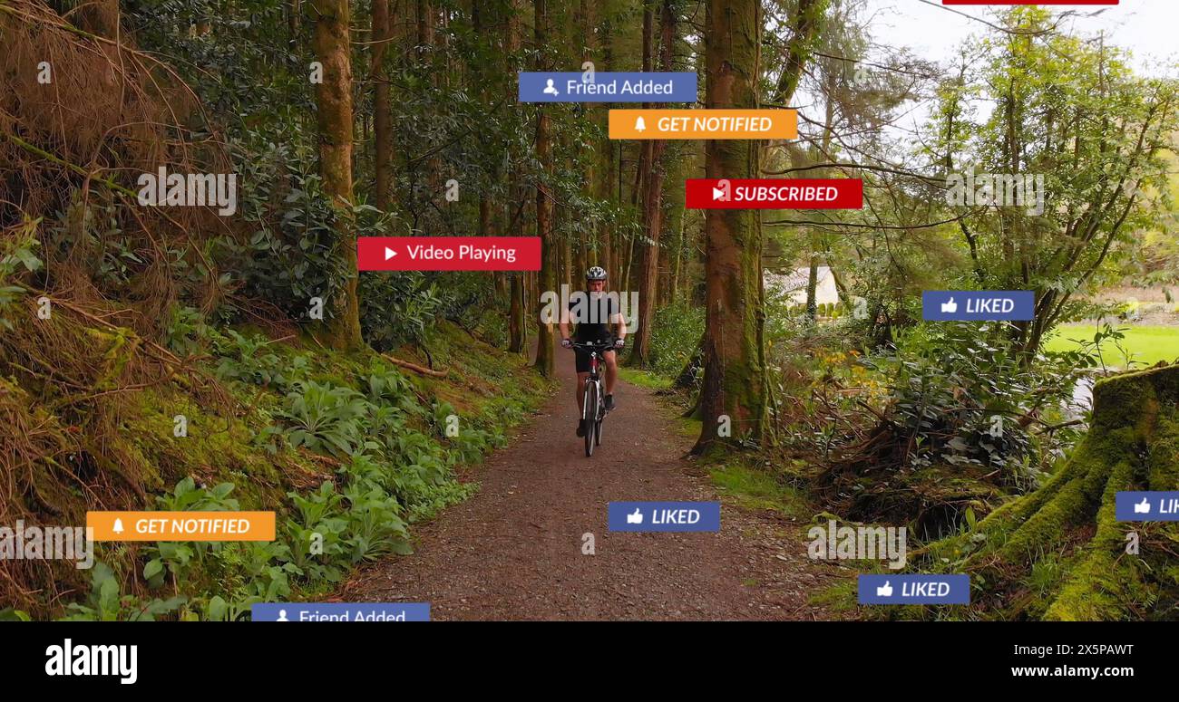 Image des icônes des médias sociaux sur la vue aérienne d'un cycliste masculin caucasien faisant du vélo dans la forêt Banque D'Images