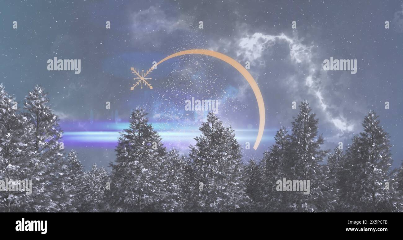 Flocon de neige suspendu dans le ciel au-dessus de la forêt d'hiver sous la nuit étoilée Banque D'Images