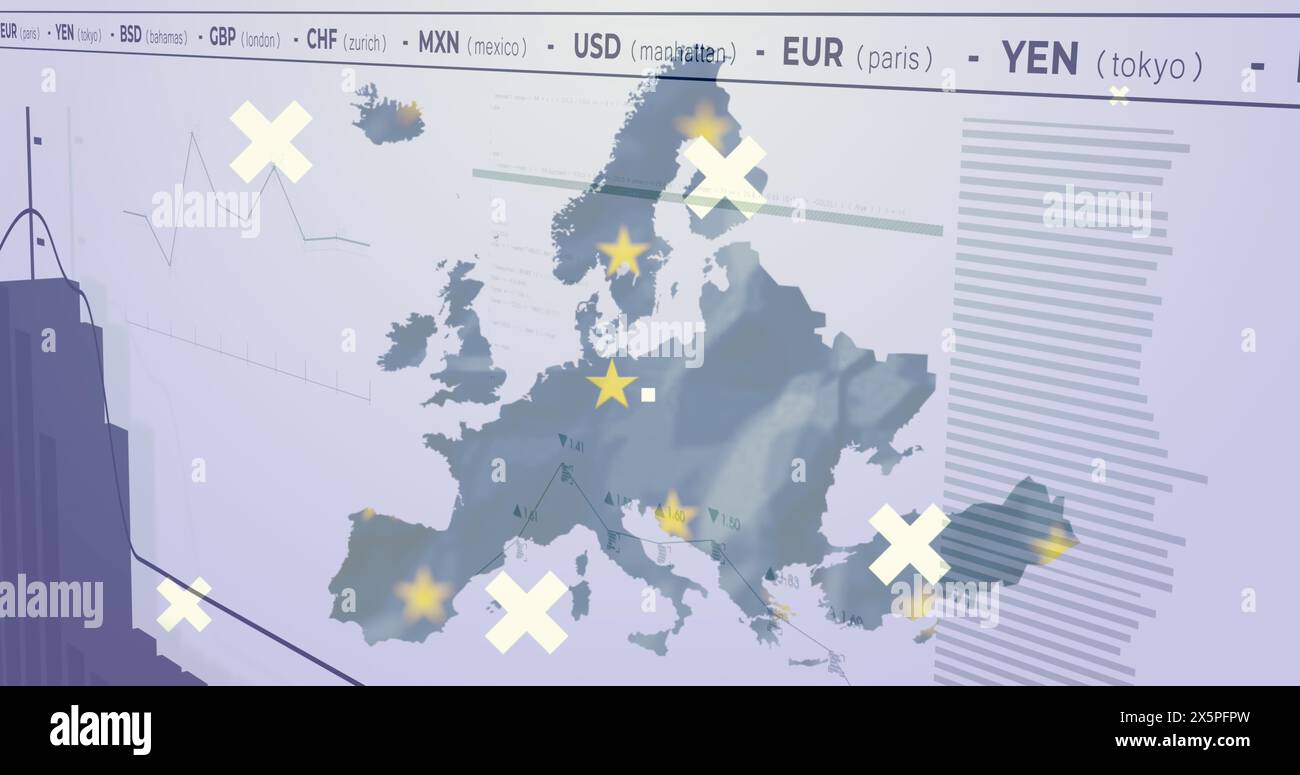 Carte montrant les USD, EUR et YEN à travers l'Europe, en utilisant des symboles et des lignes Banque D'Images