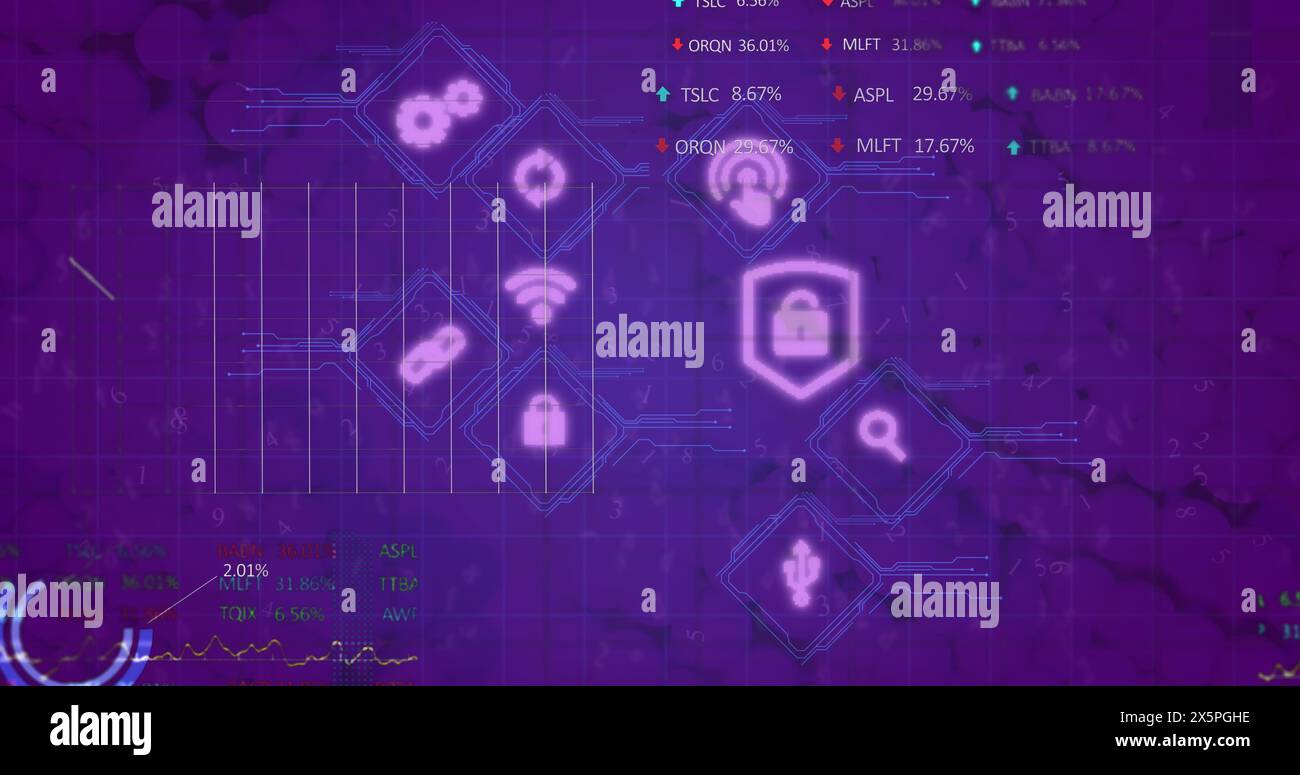 Image des icônes multimédia et du traitement des données sur fond violet Banque D'Images