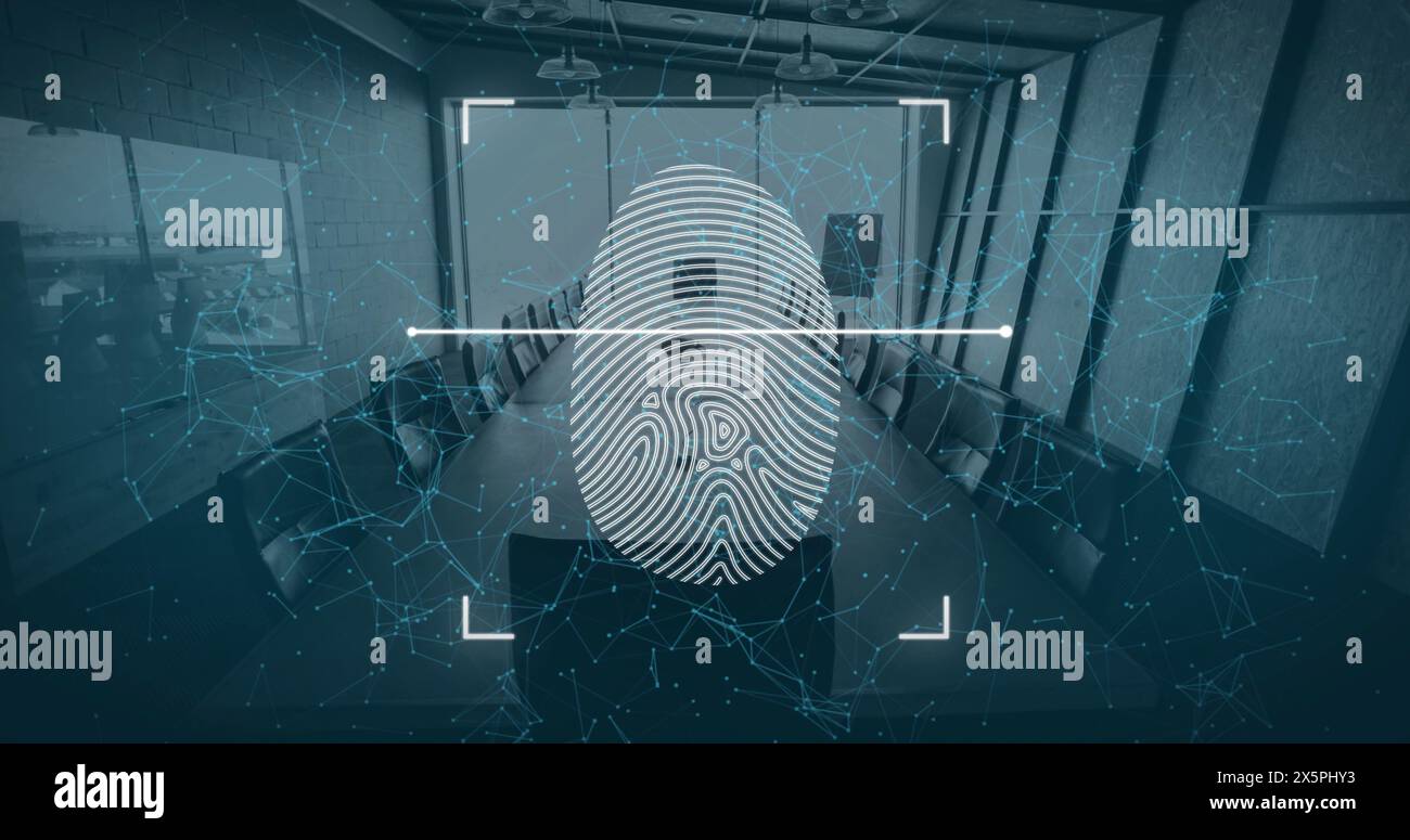 Illustration du viseur et de l'empreinte digitale avec des points connectés au-dessus d'une salle de conférence vide Banque D'Images