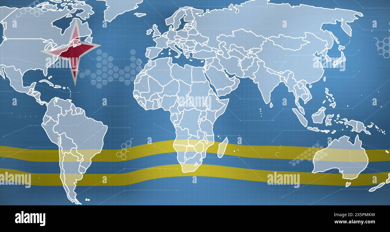 Image de la carte du monde et du traitement des données sur fond de drapeau aruba agitant Banque D'Images