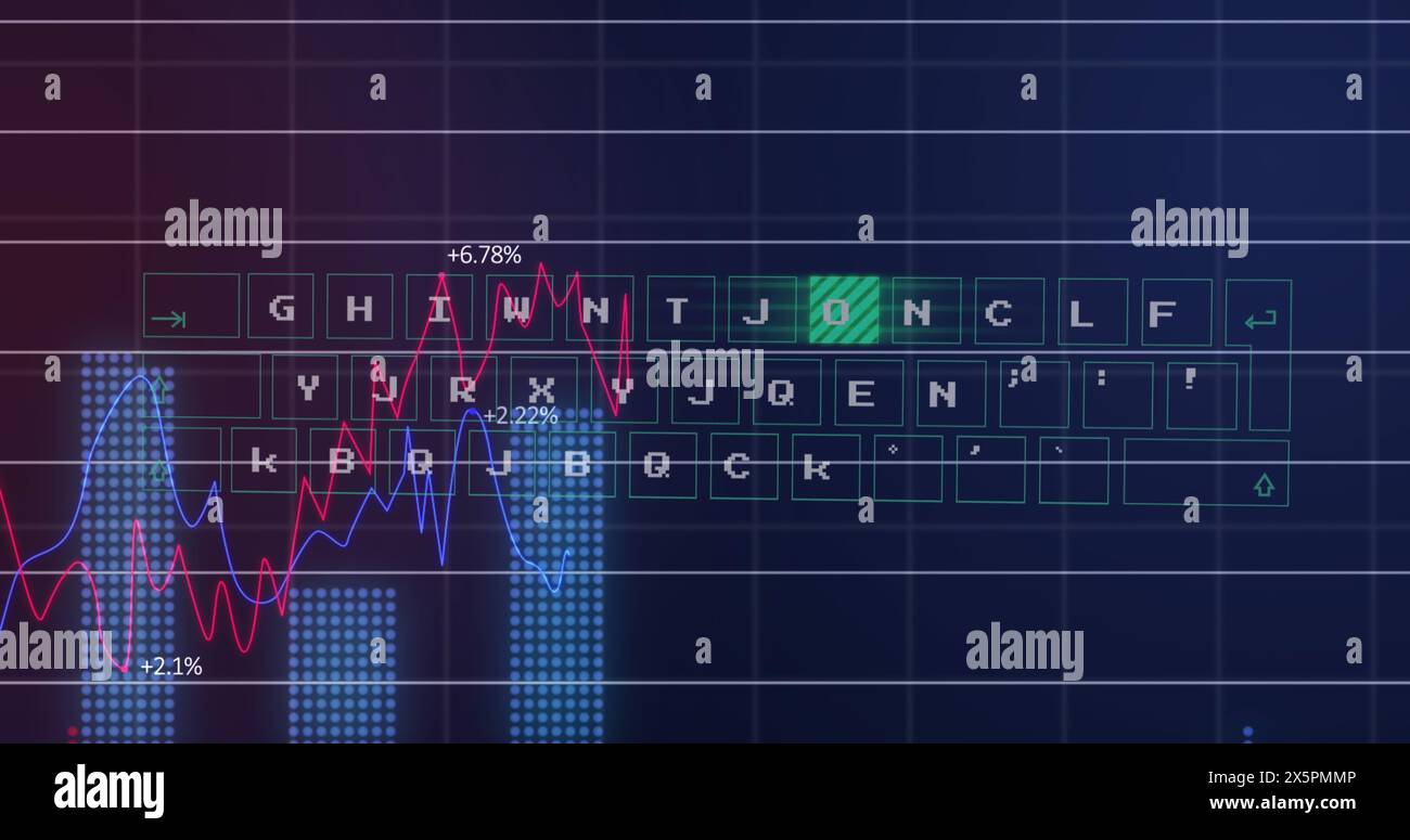 Image d'un motif lumineux se déplaçant sur le clavier avec plusieurs graphiques et des nombres changeants Banque D'Images