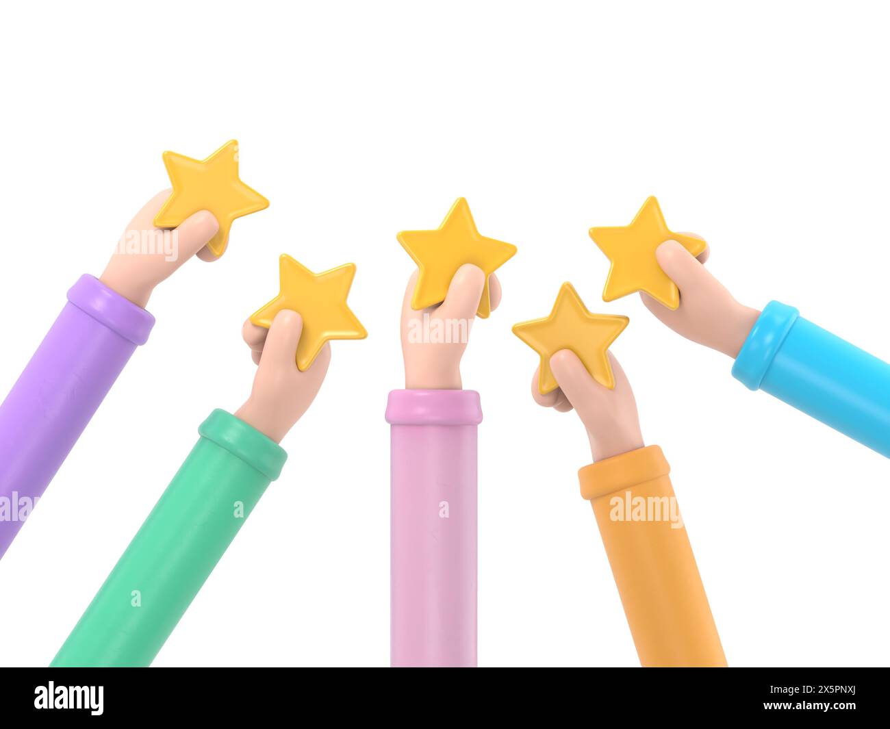 Illustration 3D de la main donnant cinq étoiles. Les clients choisissent une note de satisfaction et laissent des commentaires positifs. Concept de service à la clientèle et u Banque D'Images