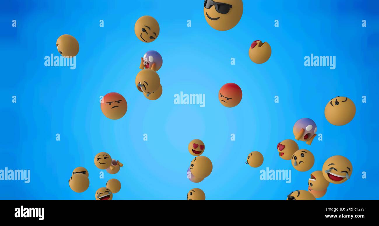 Image numérique de plusieurs emojis de visage flottant sur fond bleu texturé Banque D'Images