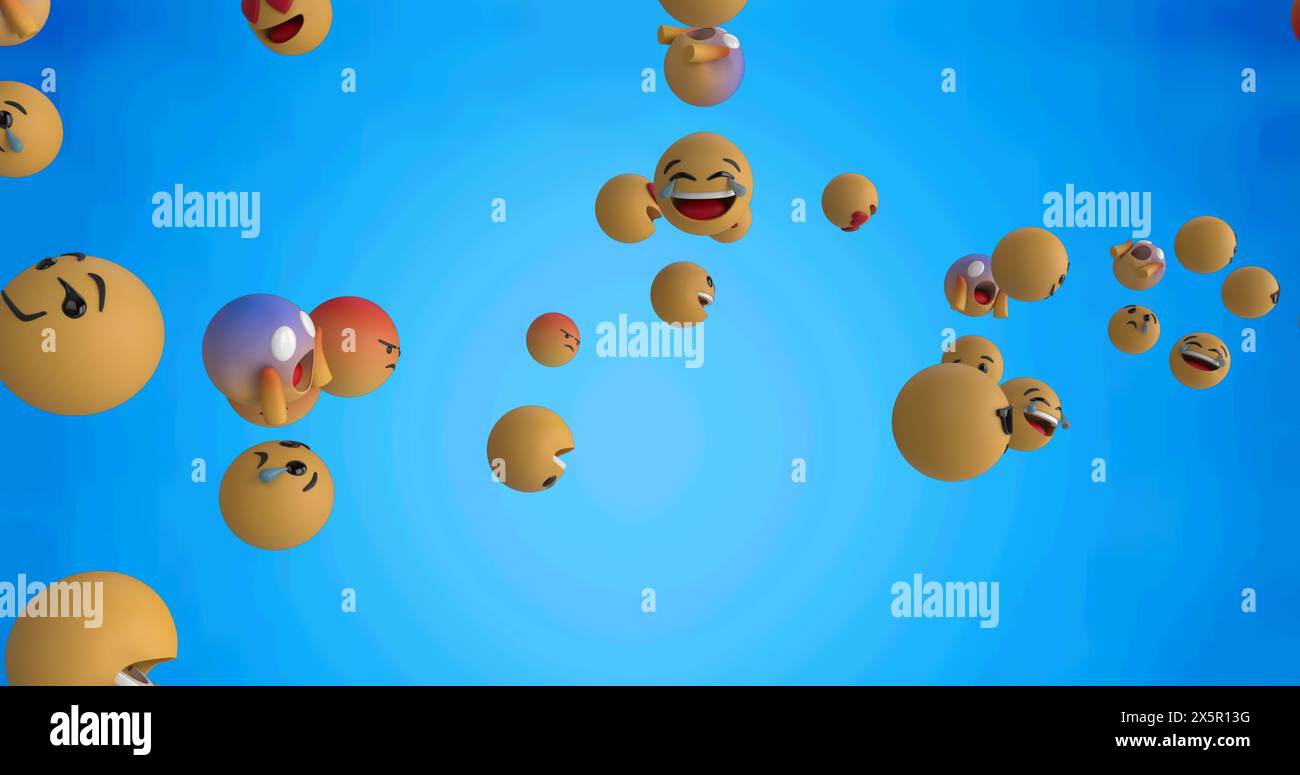Image numérique de plusieurs emojis de visage flottant sur fond bleu texturé Banque D'Images