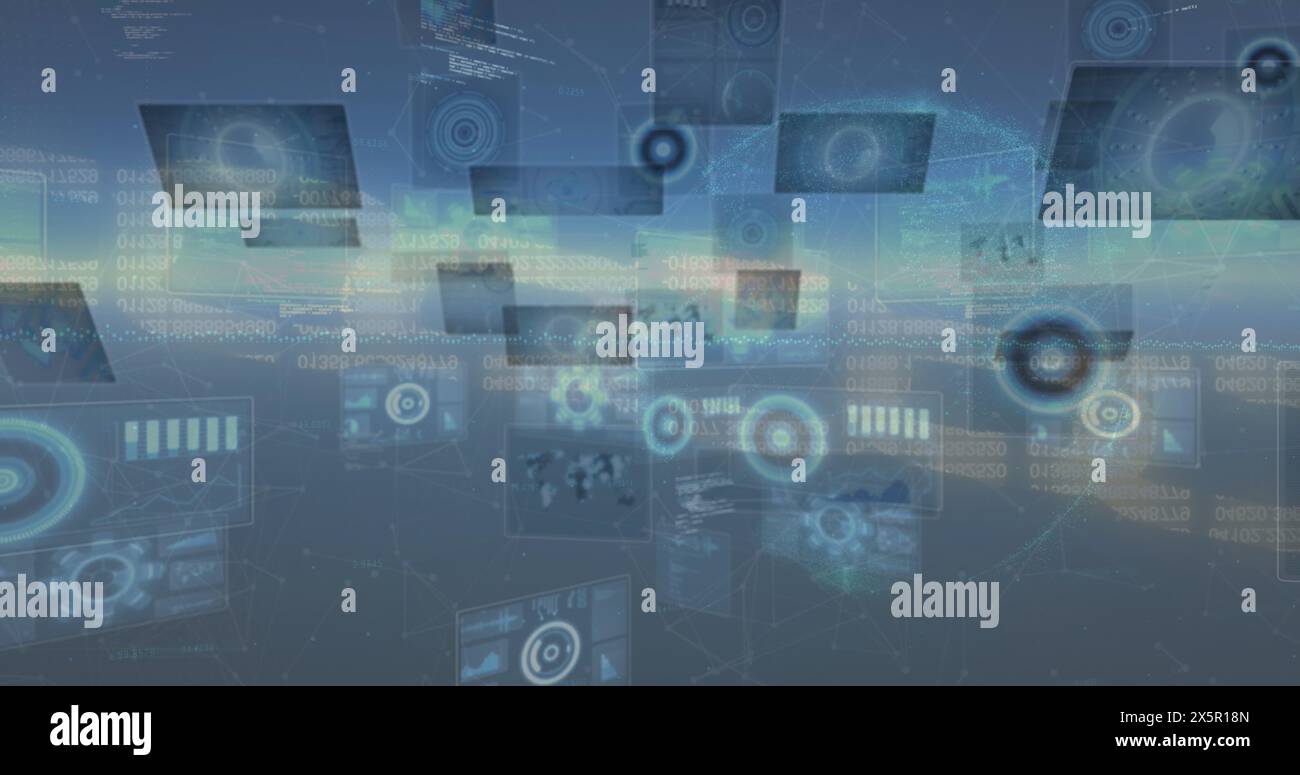Image du traitement des données sur les écrans en mouvement sur fond bleu Banque D'Images