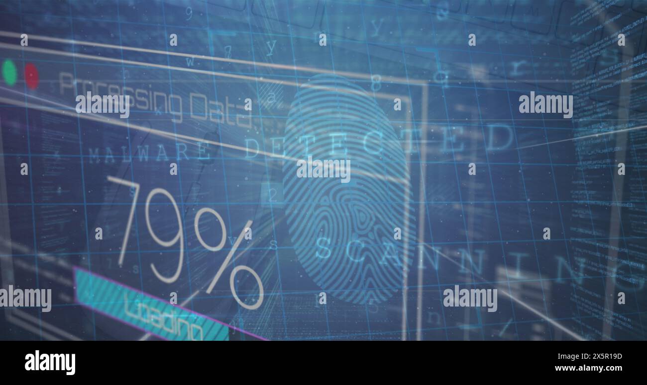 Image du traitement des données sur les écrans en mouvement sur fond bleu Banque D'Images