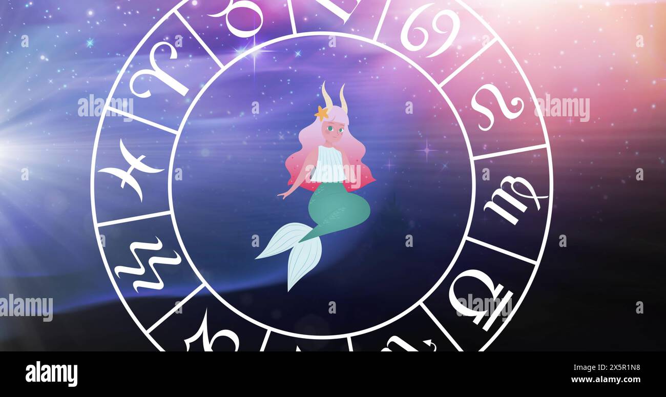 Image du signe d'étoile avec roue d'horoscope tournant sur des étoiles sur fond bleu à violet Banque D'Images