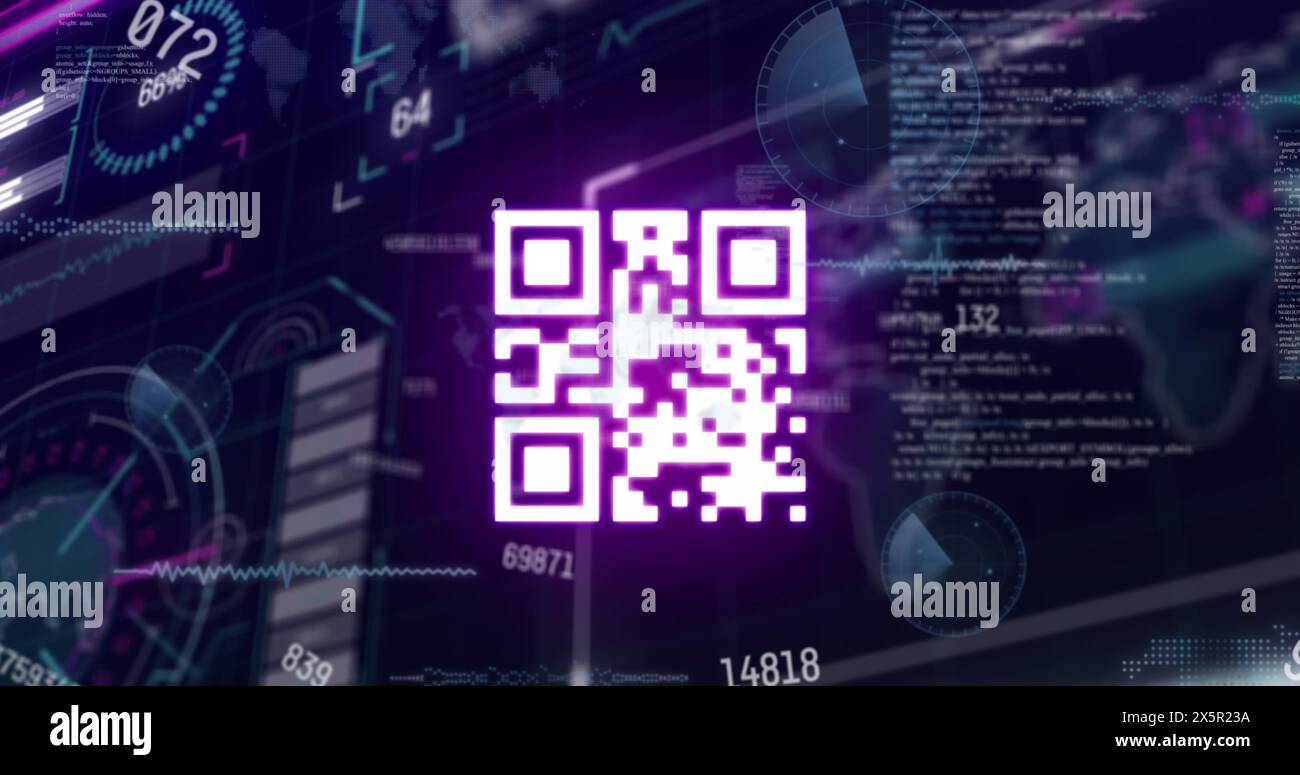 Image du code qr et du traitement des données sur fond noir Banque D'Images