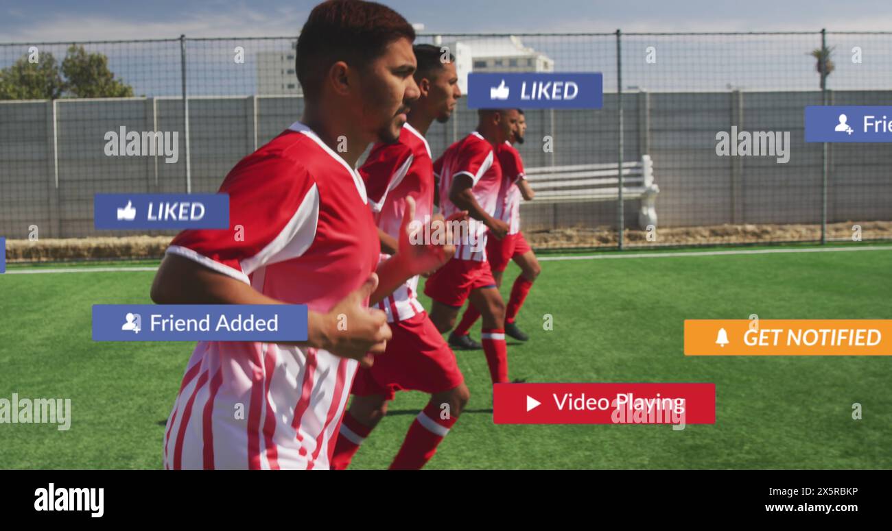 Image du texte rouge commencer sur l'école masculin et féminin courir dans le match de rugby sur le rugby Banque D'Images