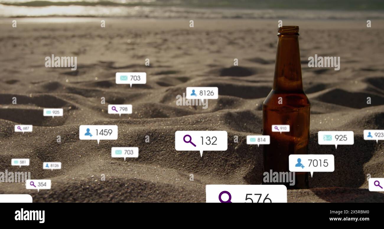 Image des icônes, changer les chiffres dans les barres de notification, bouteille d'alcool sur le sable à la plage Banque D'Images