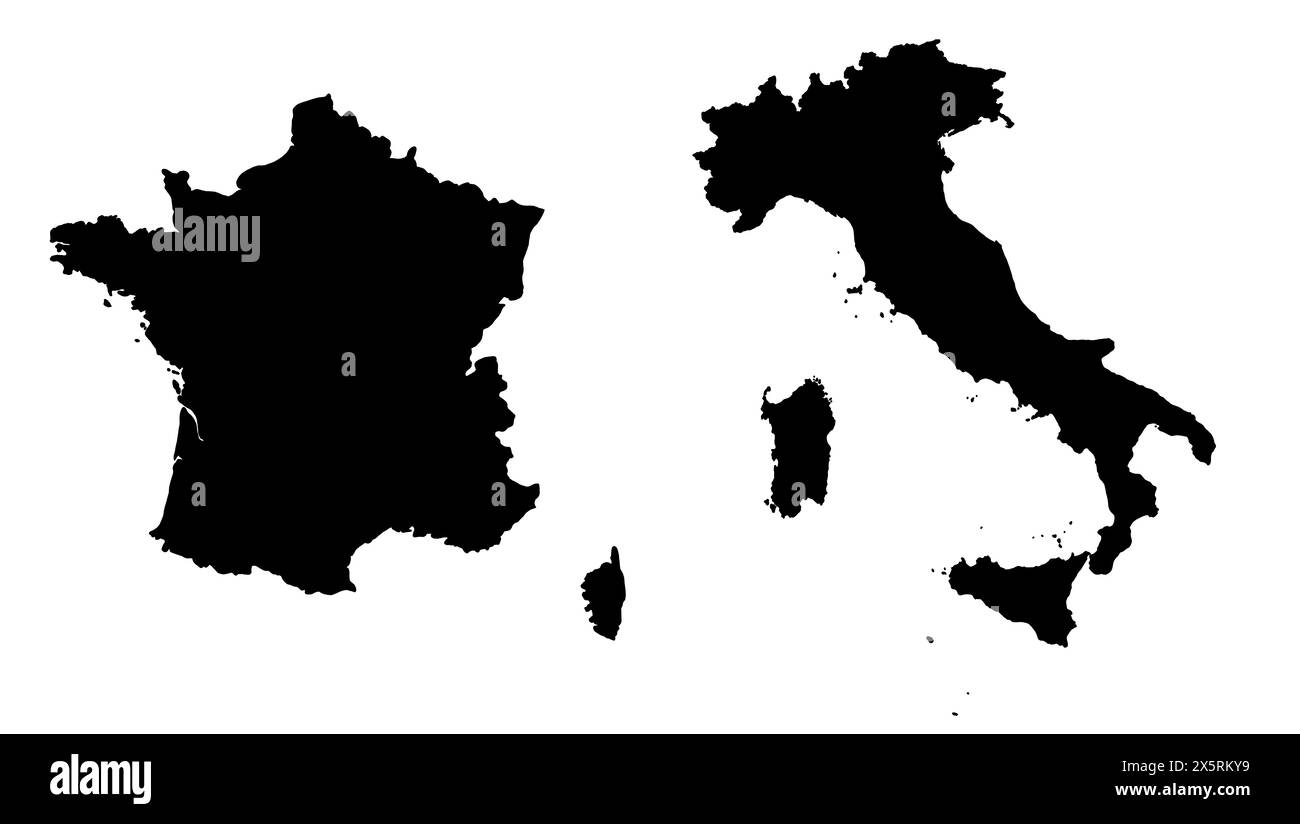 Silhouette noire de l'Italie et de la France. Illustration cartographique des pays européens. Banque D'Images