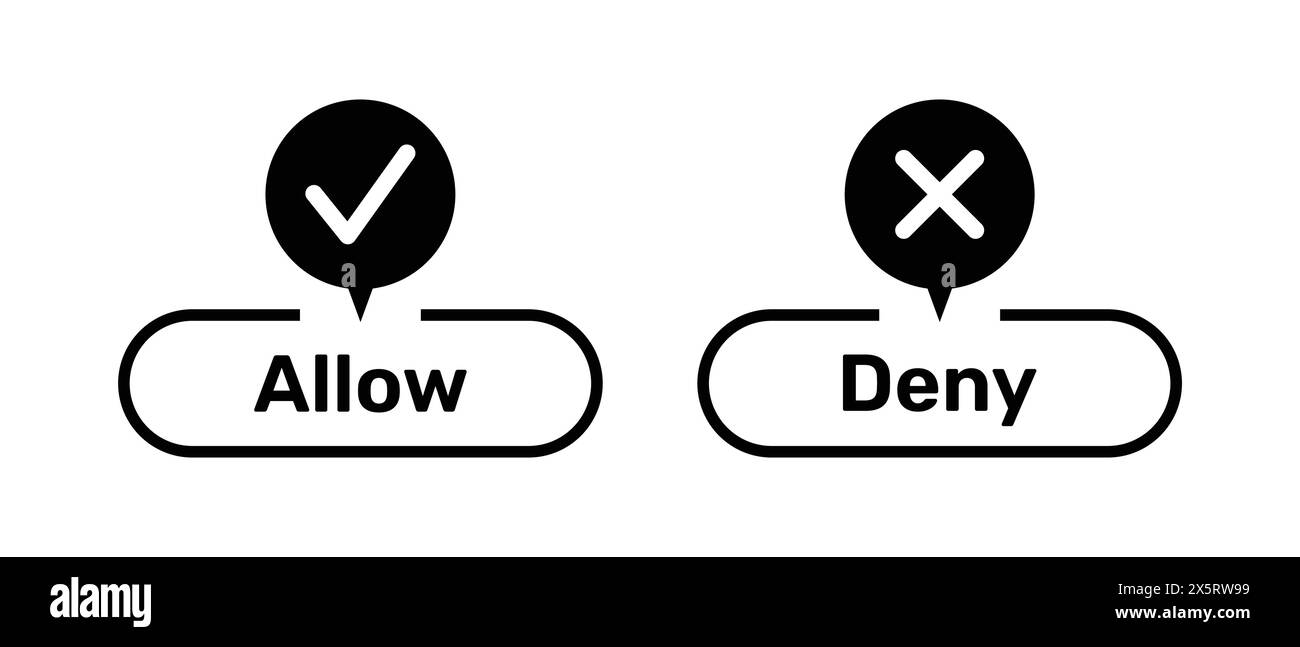 Symboles corrects et erronés avec boutons autoriser et refuser de couleur noire. Boutons autoriser et refuser avec des symboles corrects et incorrects. Symboles de coche et de croix. Illustration de Vecteur