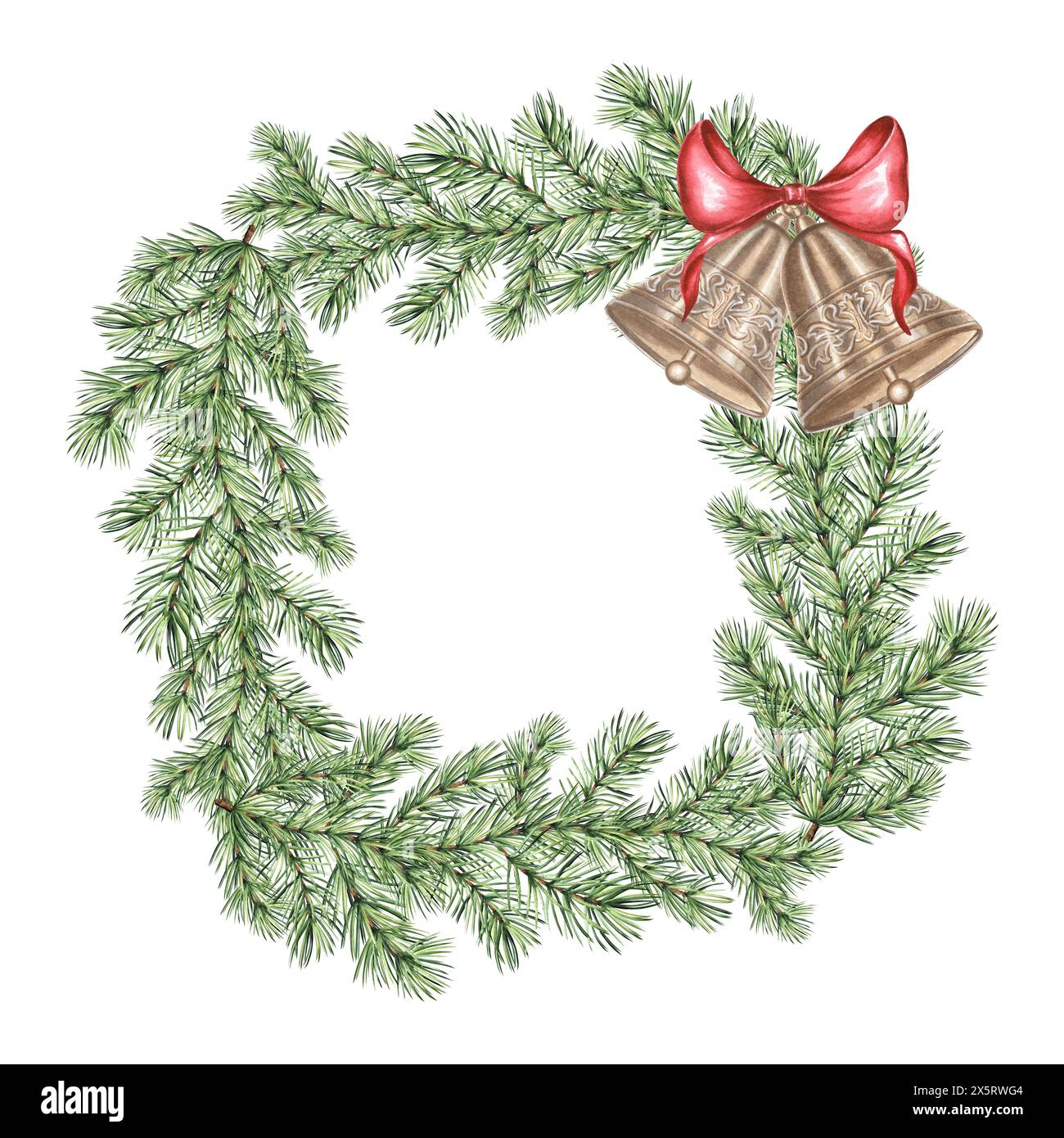 Cadre de Noël branche de pin vintage avec cloches et arc rouge. Brindille de sapin, aiguilles. Illustration d'aquarelle dessinée à la main fond d'hiver traditionnel. Banque D'Images