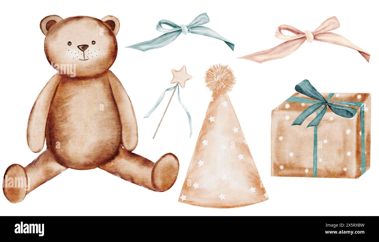 Ensemble d'aquarelles ours en peluche. Dessins mignons dessinés à la main d'un animal en peluche avec un noeud rose et bleu, une baguette magique, un chapeau de fête et une boîte cadeau. Clipser l'illustration Banque D'Images