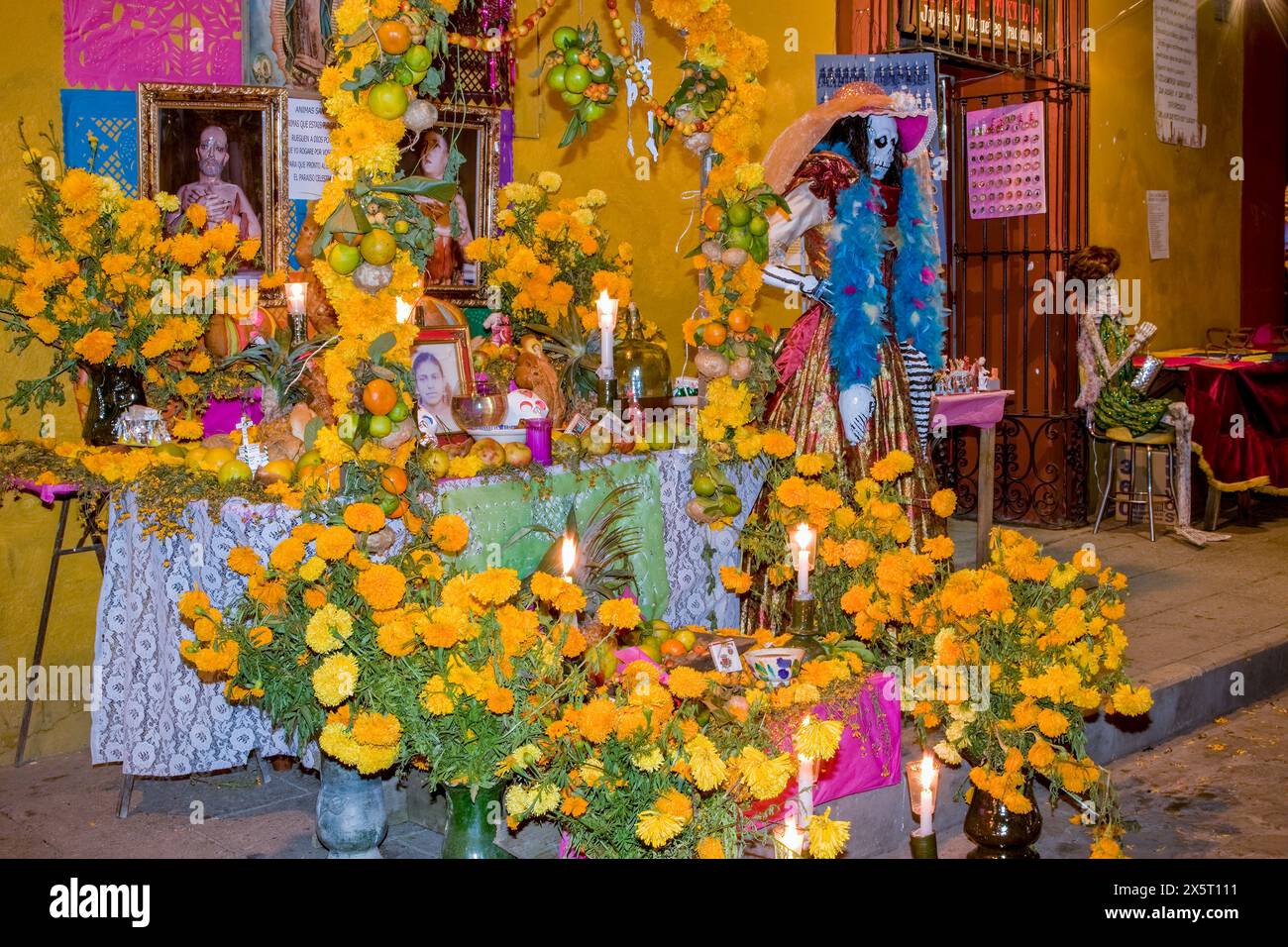 Oaxaca ; Mexique ; Amérique du Nord. Célébrations du jour des morts. Les mannequins squelettes invitent les clients à vendre des souvenirs, des jouets et des bijoux en magasin. Banque D'Images