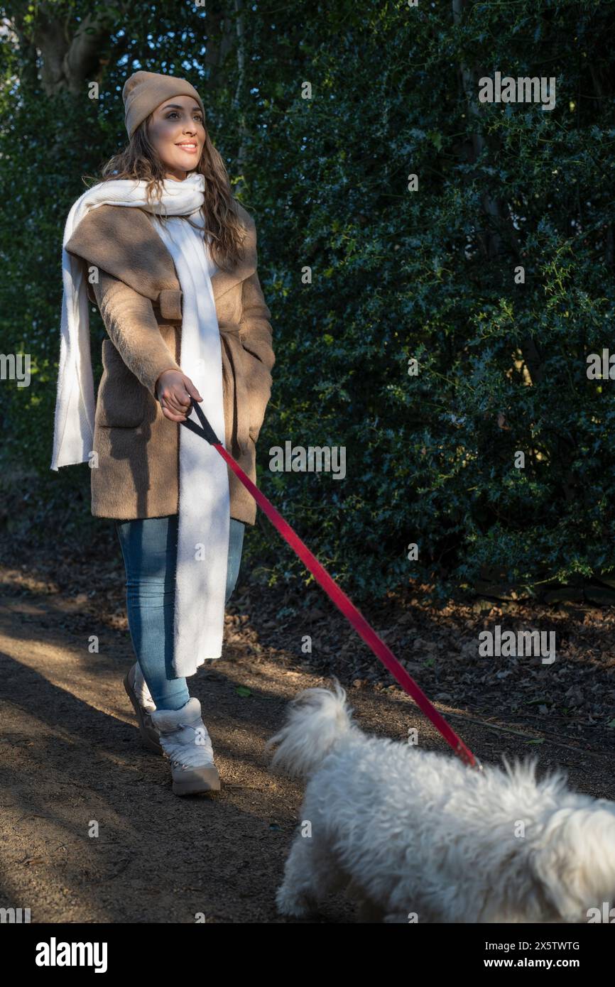 Femme avec chien ayant une promenade l'après-midi d'hiver Banque D'Images