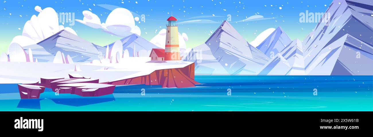 Paysage d'hiver avec phare sur falaise rive rocheuse de la mer ou l'océan recouvert de neige. Illustration vectorielle de dessin animé de paysage nordique avec vint rouge Illustration de Vecteur