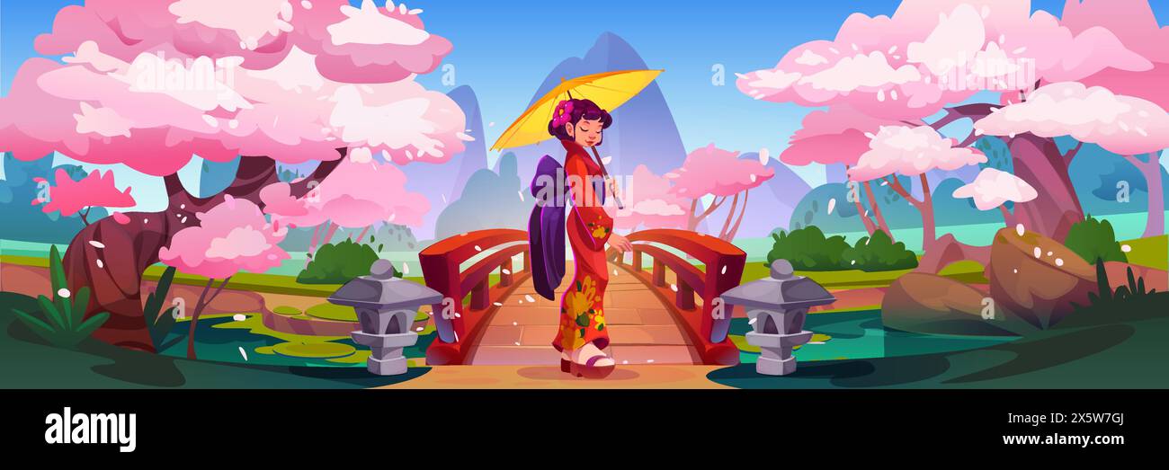 Jardin forestier de printemps du Japon avec arbre rose et étang. Femme japonaise en kimono et paysage de montagne extérieur avec cerise asiatique ou dessin de sakura. Geish Illustration de Vecteur