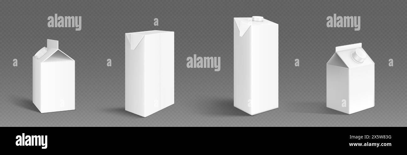 Boîte de lait ou de jus avec bouchon. Ensemble réaliste de maquette vectorielle 3d de paquet blanc de carton vierge avec couvercle pour la boisson. Conteneur en carton vide pour liq Illustration de Vecteur