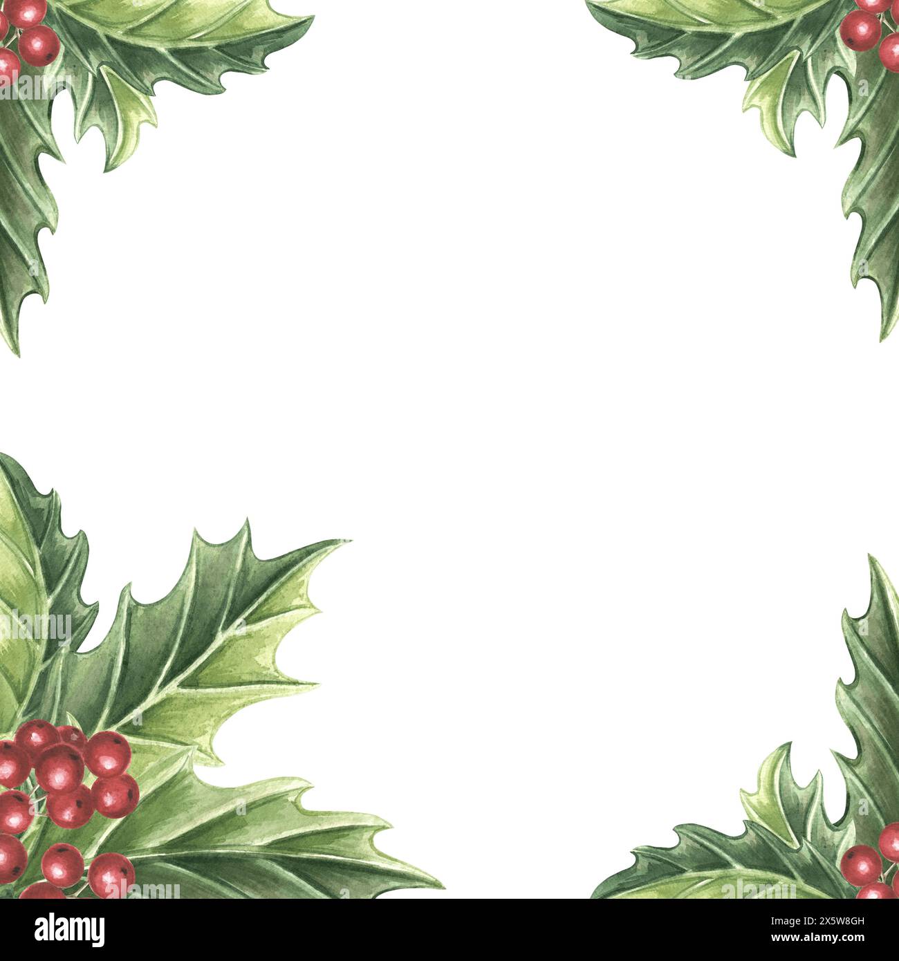 Cadre de Noël Holly vintage avec des feuilles vertes et des baies rouges. Illustration d'aquarelle dessinée à la main plantes traditionnelles pour la conception de vacances d'hiver Isola Banque D'Images