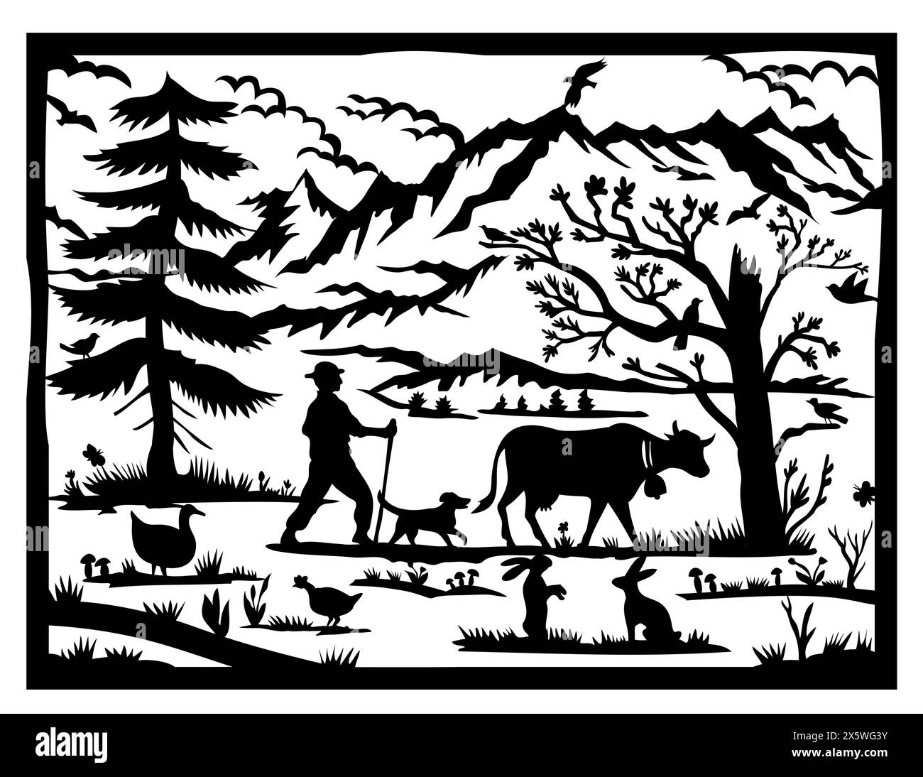 Scherenschnitte suisse ou ciseaux coupé illustration de la silhouette des alpes suisses avec sapin et fermier, vache, chien, lapin, oie, papillon, montagnes Illustration de Vecteur