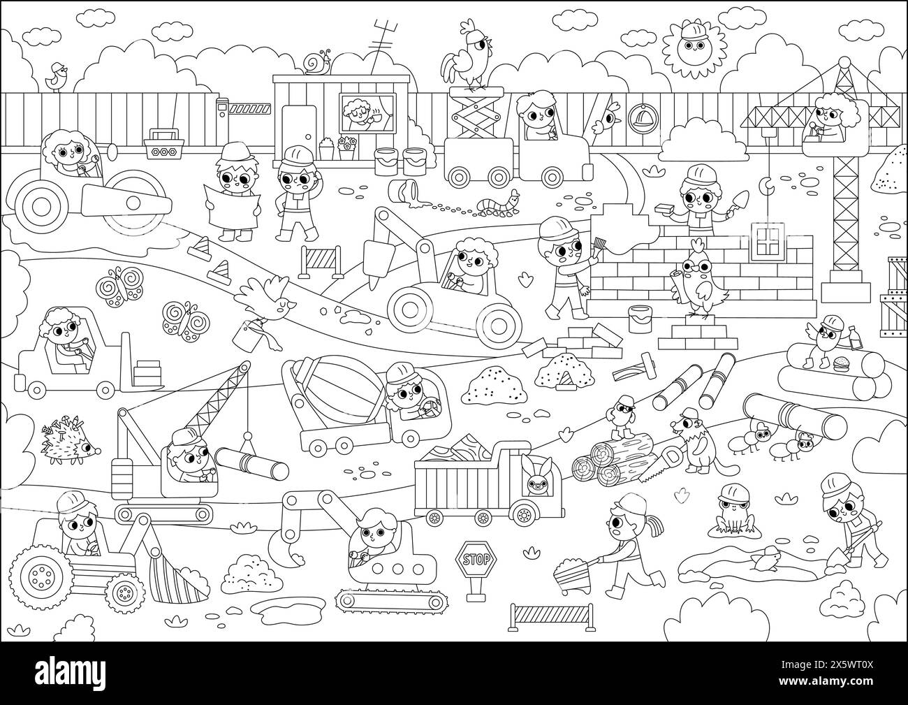 Vecteur noir et blanc chantier de construction, illustration de paysage de travail de route, coloriage. Scène de ligne de construction avec des constructeurs d'enfants, transport, bulldozer Illustration de Vecteur