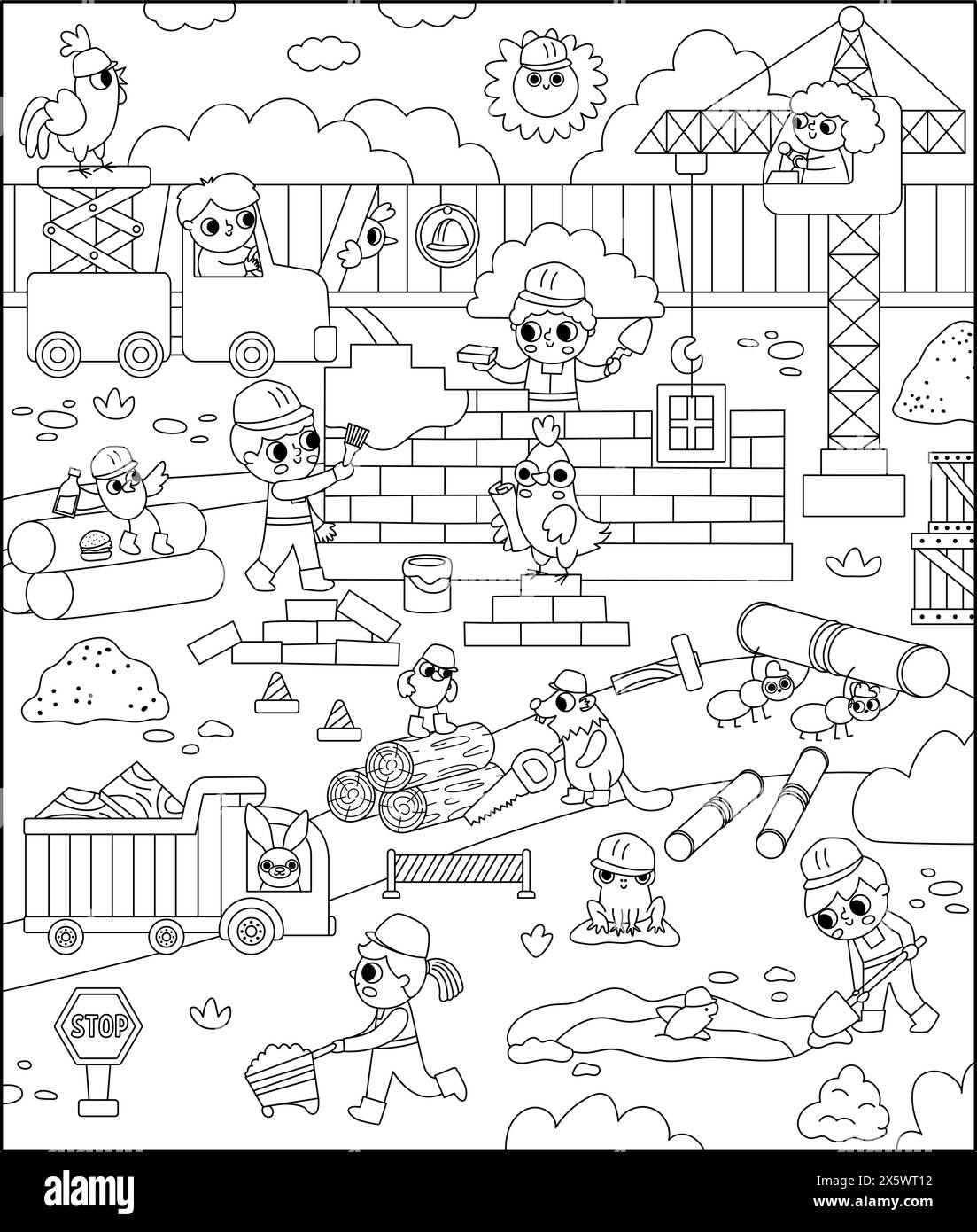 Illustration de paysage de chantier de construction de vecteur noir et blanc. Scène de ligne avec des enfants travailleurs construisant une maison en brique. Arrière-plan vertical, coloriage pag Illustration de Vecteur