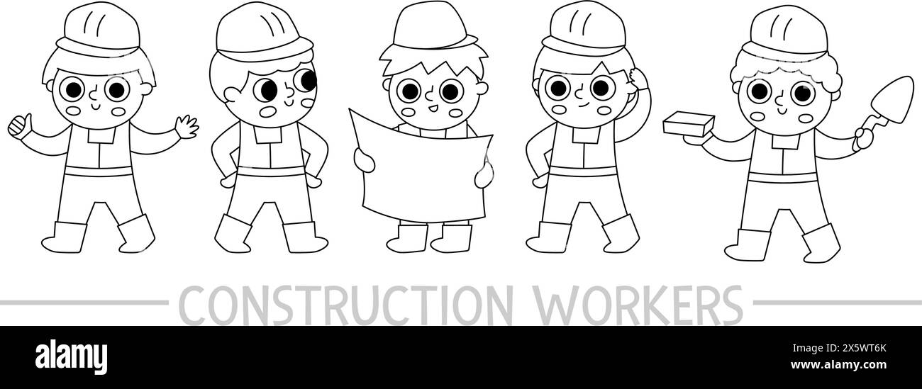 Ensemble de travailleurs de chantier de construction noir et blanc de vecteur. Travaux routiers, icônes de ligne des entrepreneurs de construction. Ingénieurs de service de réparation mignons portant des casques de sécurité uniformes. Illustration de Vecteur