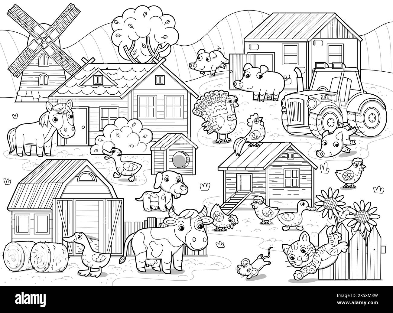 scène de dessin animé avec ferme ranch bâtiments de village moulin à vent grange poulailler animaux vache cheval poulets chien chat et dessin de tracteur illustration Banque D'Images