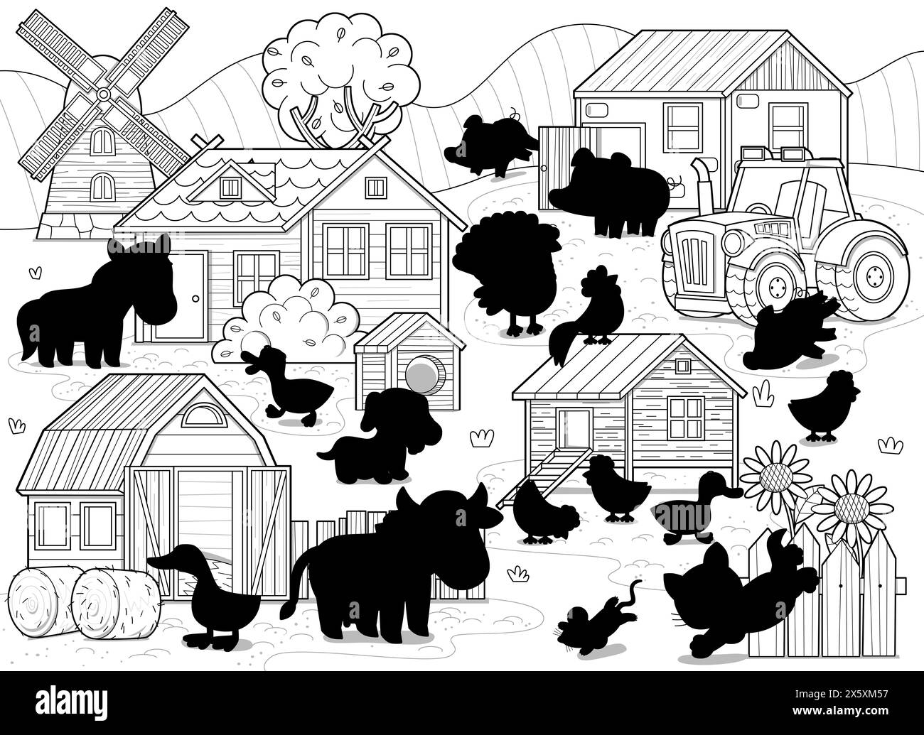 scène de dessin animé avec ferme ranch bâtiments de village moulin à vent grange poulailler animaux vache cheval poulets chien chat et dessin de tracteur illustration Banque D'Images