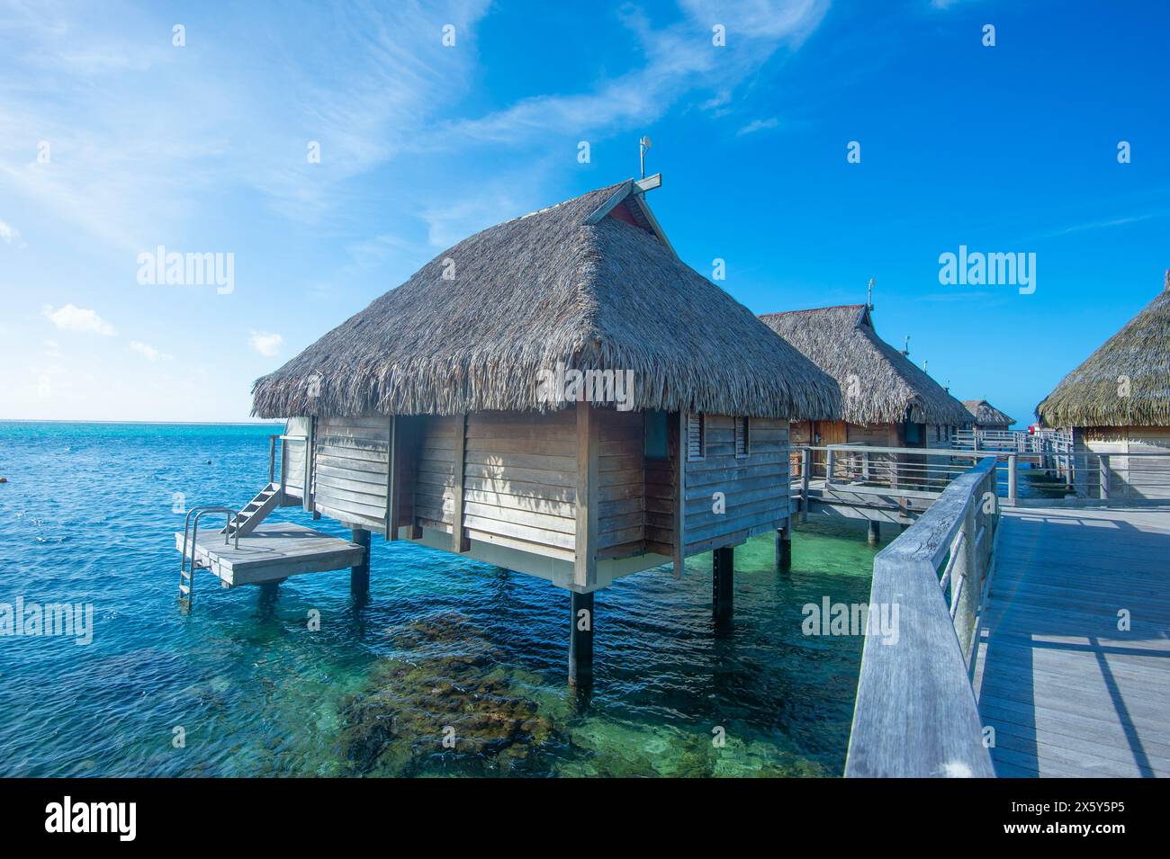 Bungalows sur pilotis, Manava Beach Resort, Moorea, Îles de la Société, Polynésie française Banque D'Images