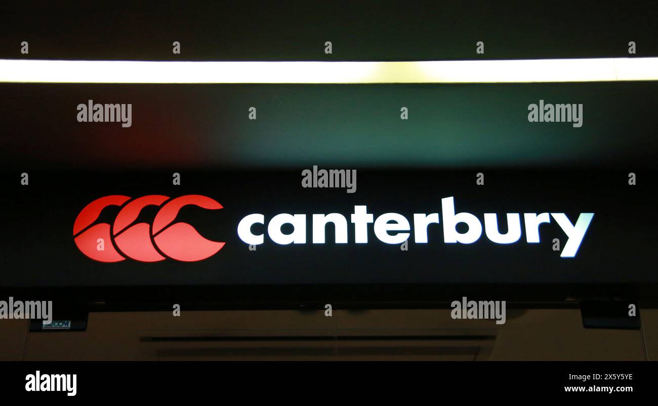 The logo of Canterbury of New Zealand is seen in Minato Ward, Tokyo on February 8, 2024. Canterbury of New Zealand is New Zealand sports equipment manufacturing company focused on rugby.( The Yomiuri Shimbun via AP Images ) Banque D'Images
