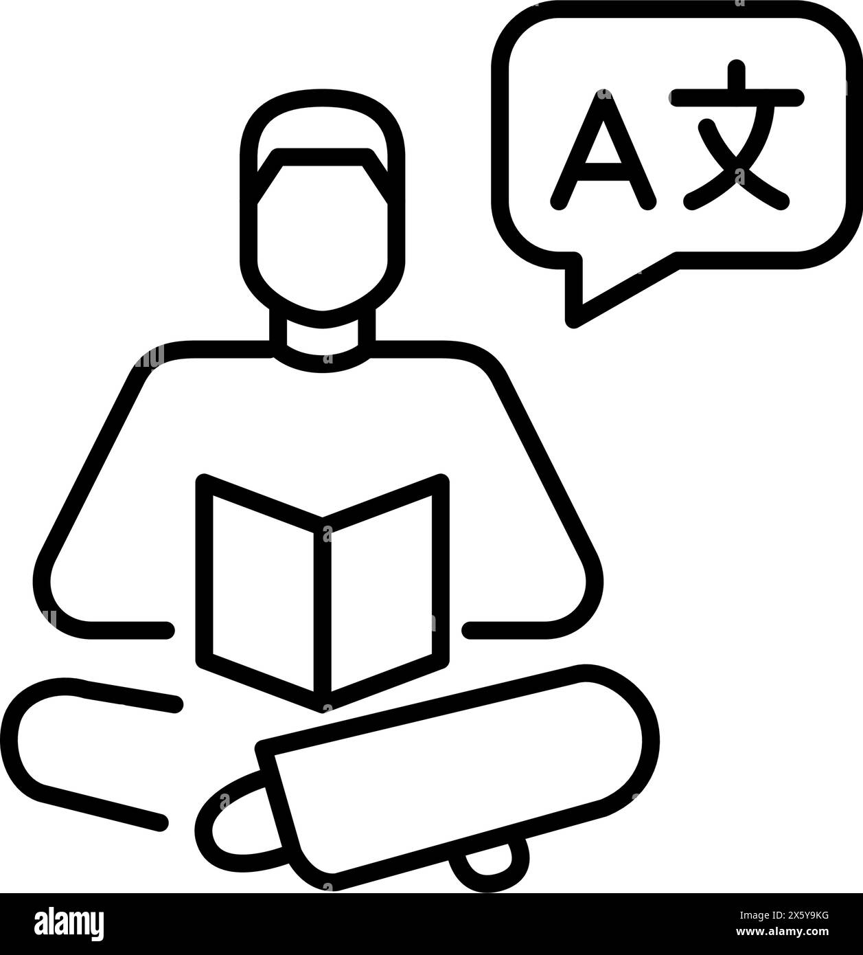 Homme lisant un livre avec des symboles linguistiques bulle de discours. Apprentissage des langues par le biais de manuels. Pixel Perfect, icône de vecteur de contour modifiable Illustration de Vecteur