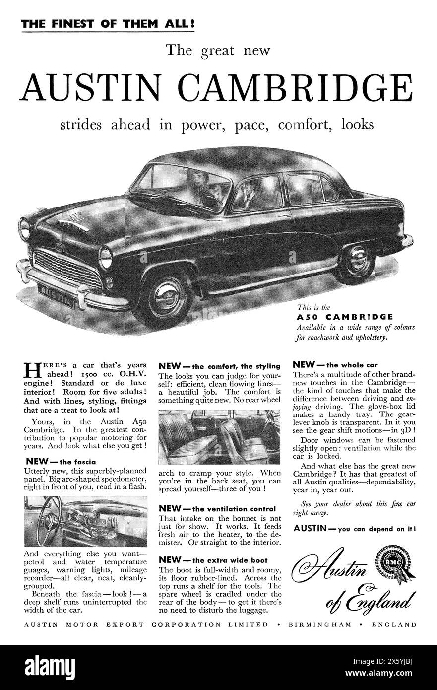 Publicité britannique de 1955 pour la voiture Austin Cambridge. Banque D'Images