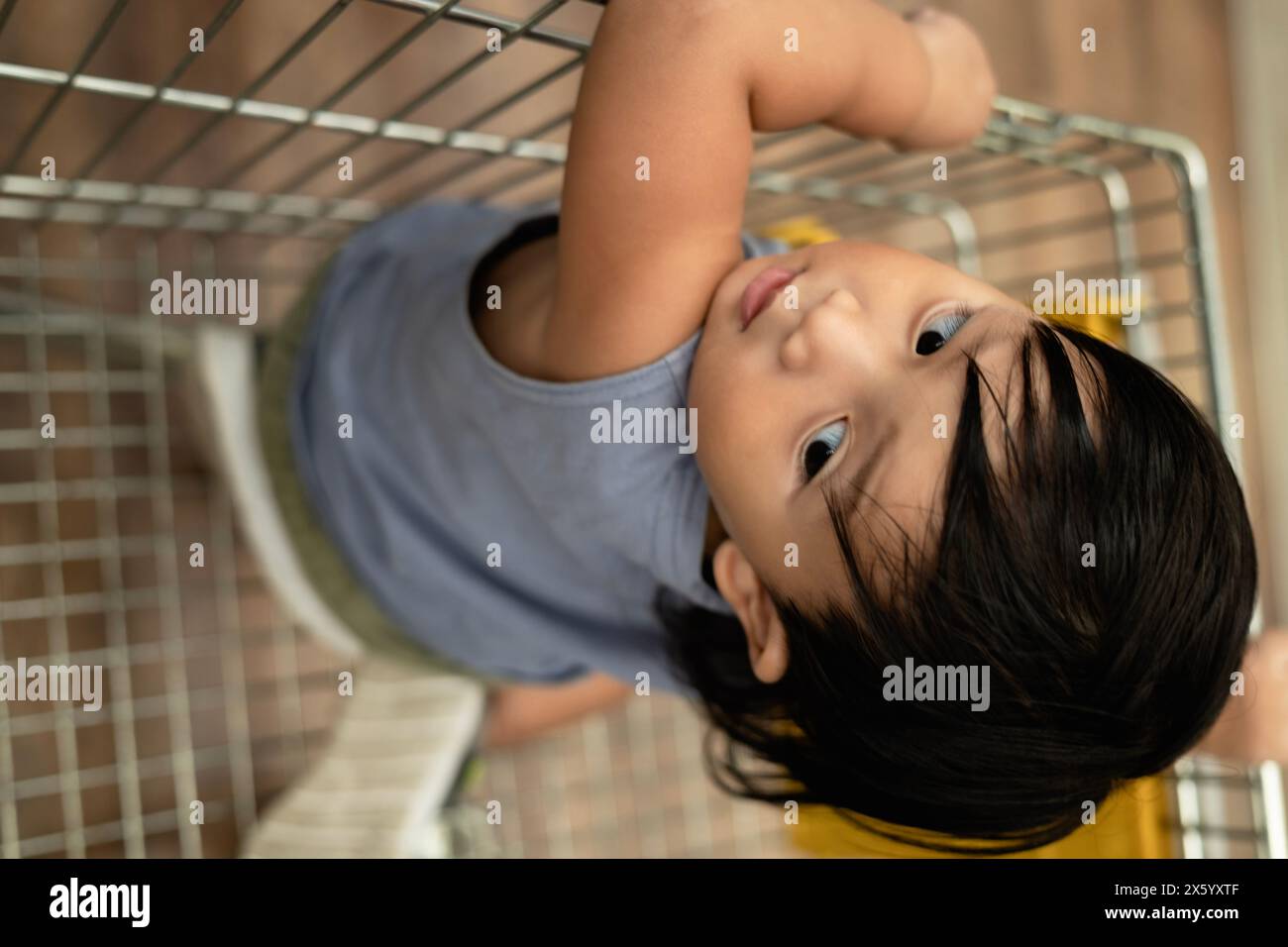 Bébé assis dans un panier. Shopping avec un concept enfant. Banque D'Images