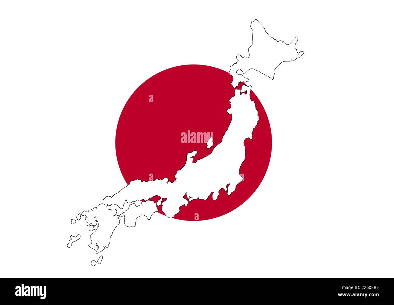 Dessin de silhouette blanche du Japon sur le fond sous la forme du drapeau japonais. Illustration de la carte. Banque D'Images