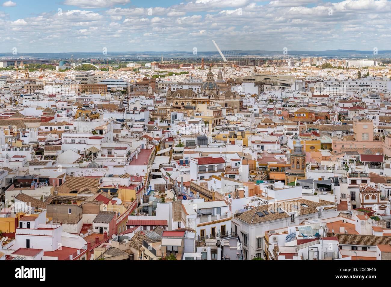 Vue aérienne panoramique depuis le sommet de la tour Giralda à Séville, Espagne, vers le nord en direction du pont Alamillo Banque D'Images