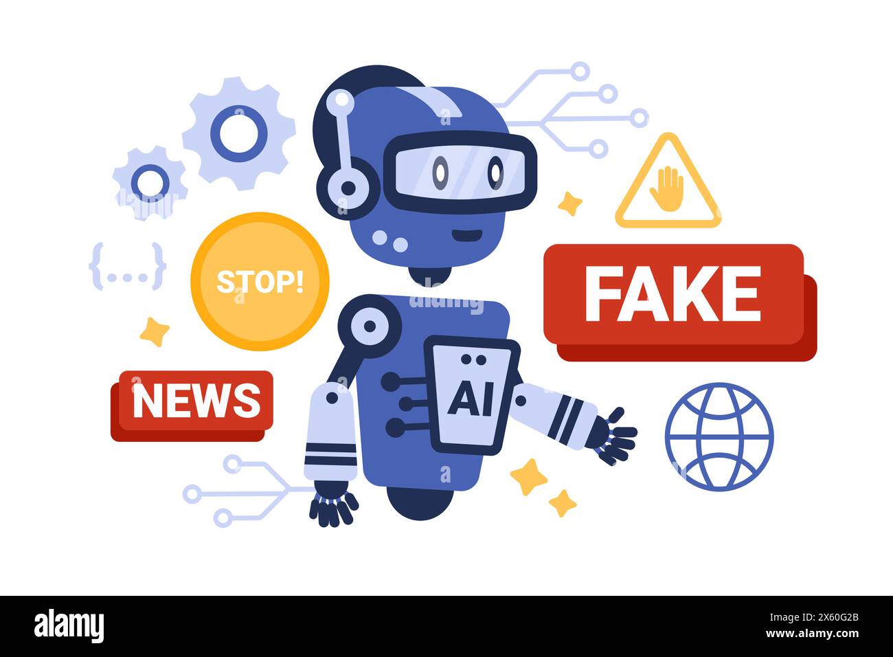Arrêtez les fausses nouvelles, le contrôle de la technologie IA. Personnage de robot futuriste et messages d'avertissement pour arrêter de créer des faux, influence de l'intelligence artificielle sur l'illustration vectorielle de dessin animé des médias sociaux Illustration de Vecteur