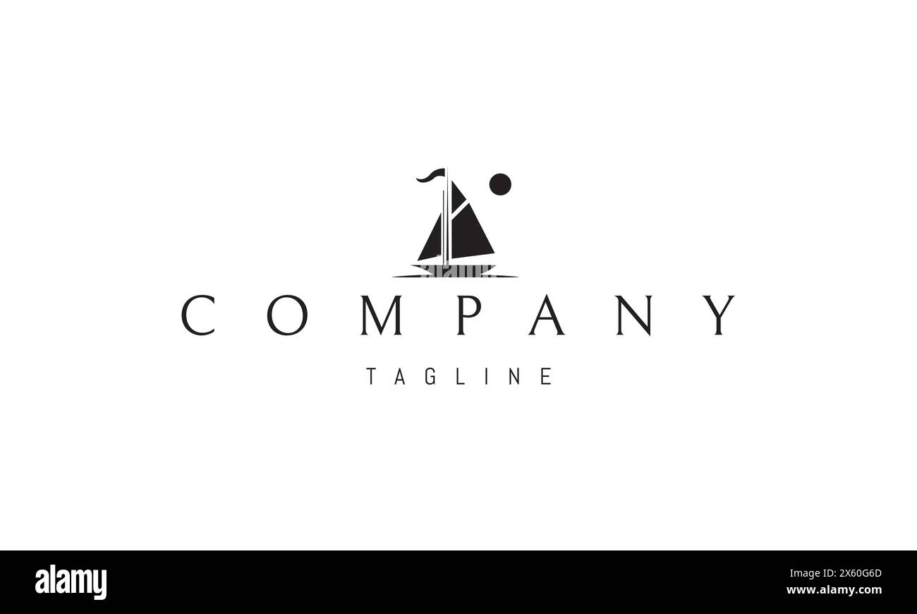 Un logo vectoriel avec une image abstraite d'un yacht sur la mer contre le soleil en toile de fond. Illustration de Vecteur