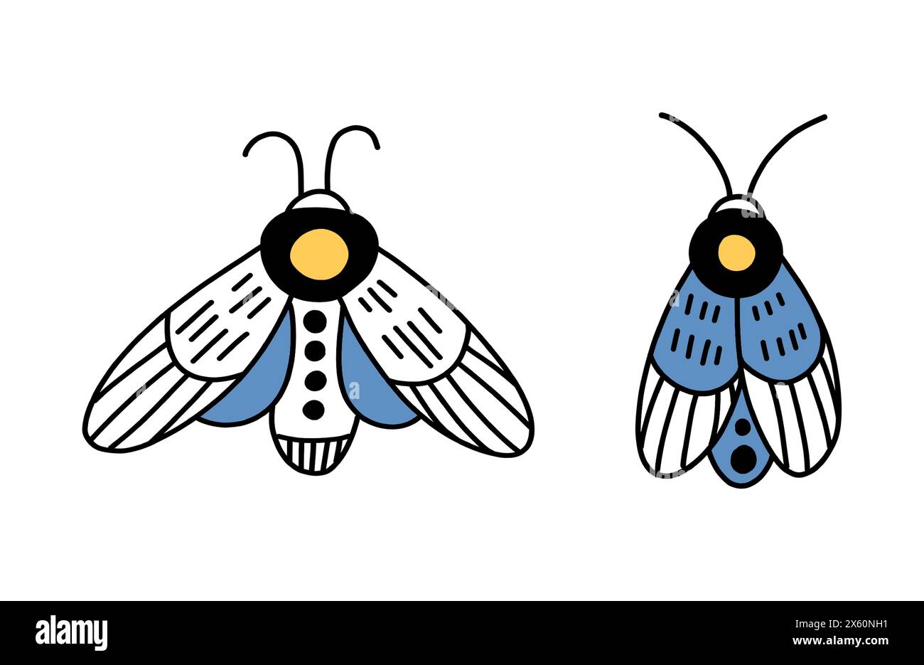 Doodle Butterflies and Moths. Ensemble d'insectes magiques dessinés à la main. Elément boho céleste magique isolé. icône de contour de mouche mystique. Ésotérique et mystique Illustration de Vecteur
